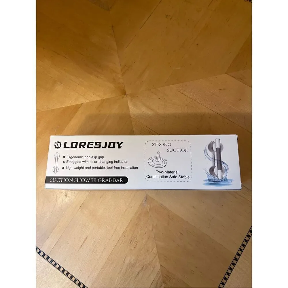 New in Box! Loresjoy White Gray Suction Shower Grab Bar